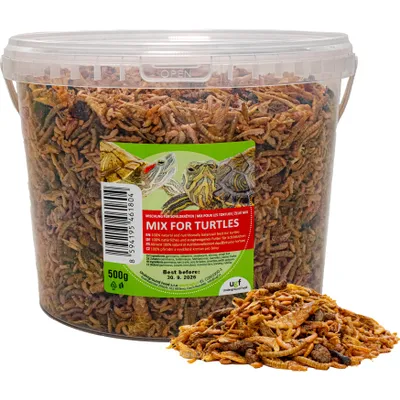 Produktbild von UGF Universal Schildkrötenfutter Mix 500g (3L Eimer) – Gammarus, Mehlwürmer, Garnelen, Seidenraupen, getrockneter Fisch für Wasserschildkröten, Landschildkröten