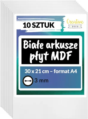 Zdjęcie produktu dla Creative Deco 10x A4 Płyta MDF | 300x 210x 3 mm |Biały |Idealne do modelarstwa, pirografii, cięcia laserem, frezowania, ploter CNC, wyrzynarki