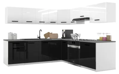 Produktbild von Belini Moderne Küchenzeile Küchenblock ITALIA 7 - Küchenmöbel 420cm Weiß-Schwarz - Einbauküche mit Hängeschränke, Unterschränke & Arbeitsplatten