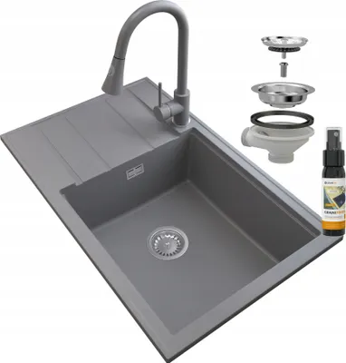 Immagine prodotto di Granitan | Lavello in granito LOUIS - 800 x 500 mm - Grigio - Da incasso con scolapiatti e miscelatore SNAKE