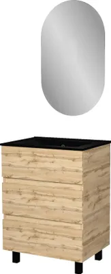 Image de Meuble Salle de Bains 60cm 3 Tiroirs Chêne Naturel + Vasque Noire et Miroir Ovale
