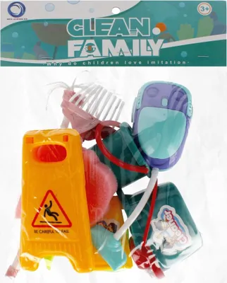 A clear plastic bag containing a toy cleaning set.
