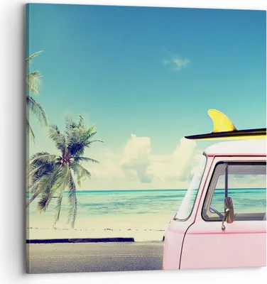 Produktbild von Bild auf Leinwand - Leinwandbild - Auto Surfbrett Strand Ozean - 70x70cm - Wand Bild - Wanddeko - Leinwanddruck - Bilder - Kunstdruck - Wanddekoration - Leinwand bilder - Wandkunst - AC70x70-2835