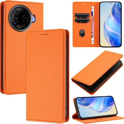 Produktbild von Litchi Leder Handyhülle für Tecno Camon 30 Pro 5G Wallet Kartenfächer Standfunktion Hülle Orange