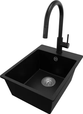 Produktbild von PRIMAGRAN Granitspüle Schwarz 38x50cm, Spülbecken 1 Becken + Küchenarmatur 40x20cm + Ablauf-Set, Küchenspüle ab 40er Unterschrank - Riga