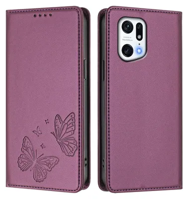 Produktbild von Lederhülle für Oppo Find X5 Pro, Schmetterling Prägung Leder Brieftasche Schutzhülle mit Ständer Lila