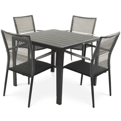 A square dining table with four chairs, set against a white background.