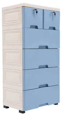 Immagine prodotto di Comodino in plastica - Mobiletto con cassetti su ruote - 6 cassetti, impermeabile in PP+PS, 50x35x102 cm, capacità di carico fino a 40 kg - Bianco/Blu