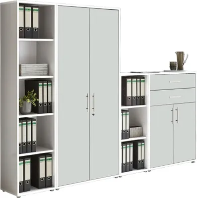 Produktbild von Aktenschrank TABOR 22 in weiß / weiß matt, Schrankwand, Büroschrank, abschließbar, Metallgriffe