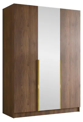 Produktbild von MIRJAN24 Kleiderschrank Calia II, Schlafzimmer, mit Spiegel, Drehtürenschrank, mit Kleiderstange, Modern, Garderobenschrank, Metallgriffe (Farbe: Nuss Warmia + Gold)
