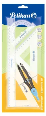 Obrázok produktu pre Sada geometrických nástrojov 5 dielov – kružidlo, pravítko, uhlomer, 2 trojuholníky
