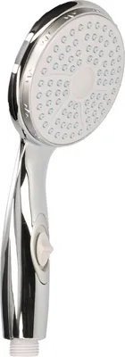 A chrome-plated shower head with a start-stop function is shown against a white background.