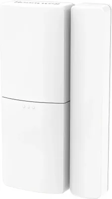 A white magnetic contact sensor for doors and windows, consisting of two parts, is shown against a white background.