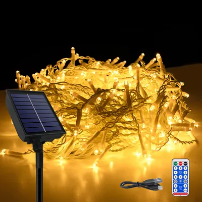 Produktbild von Solar Lichterkette 10m 400LEDs Eisregen Lichtervorhang Weihnachtsbeleuchtung Warmweiß mit 8 Leuchtmodi Speicherfunktion USB IP44 Innen CEEDIR