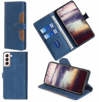 Produktbild von Für Samsung Galaxy S21 FE Design Handy Tasche Blau Etuis Schutz Kunst-Leder Neu