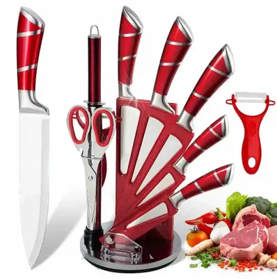 Produktbild von Messer Set, Hochkohlenstoff-Edelstahlklingen, Ergonomischer Hohlgriff, Rot