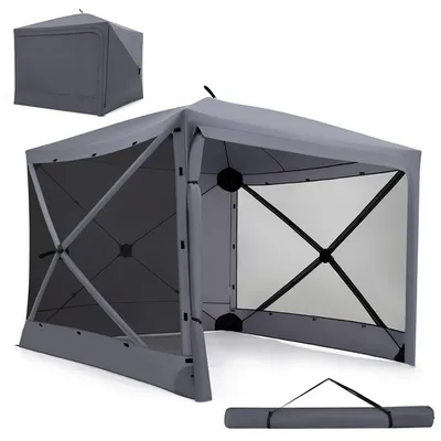 Produktbild von Pavillon, 2,4 x 2,4 m Pop up Partyzelt mit Tür, Faltpavillon 4-seitig mit Sonnenschutz, Netzwänden & abnehmbaren Seitenwänden, Tragetasche, Garten, Picknick & Camping, Grau