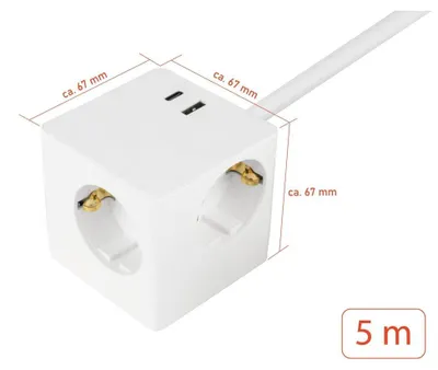 Produktbild von kabelmeister Steckdosenwürfel mit 5m Zuleitung 3x SchuKo; 1x USB-C 20W PD 3.0; USB-A 18W Weiß