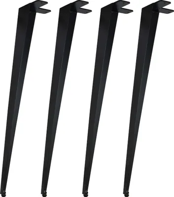 Four black table legs are arranged in a row against a white background.