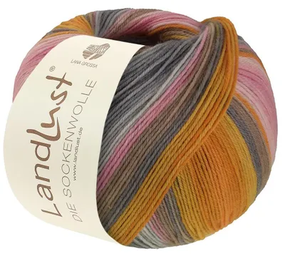 Produktbild von Lana Grossa Landlust DIE SOCKENWOLLE 100 g 4-fach Sockenwolle von Lana Grossa und Landlust 420 m Farbe 132 - Orange/Dottergelb/Lachsorange/Grau/Graubeige Gestreift
