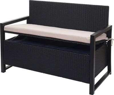 A black poly-rattan storage bench with a beige cushion is shown against a white background.