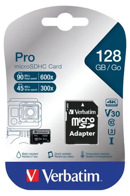 Zdjęcie produktu dla Verbatim Pro, 128 GB, MicroSDXC, Klasa 10, UHS-I, 90 MB/s, 45 MB/s