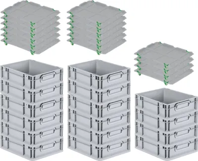 Produktbild von SuperSparSet 16x Eurobox NextGen Grip mit Auflagedeckel inkl. 4 grünen Schiebeschnappverschlüssen | HxBxT 12x30x40cm | 11 Liter | Grau | Griffe geschlossen | Glatter Boden | Eurobehälter, Transportbox, Transportbehälter, Stapelbehälter
