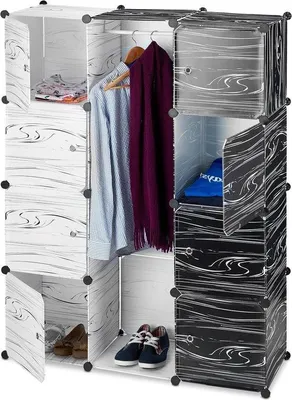 Produktbild von Famanu Kleiderschrank Kunststoff mit 9 Fächern - HxBxD 145 x 110 x 37 cm - Groß und Schwarz-Weiß
