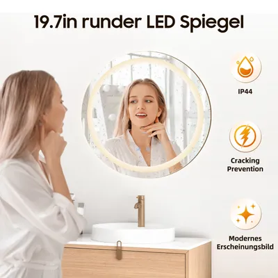 Image de Miroir de salle de bain intelligent anti-buée avec éclairage LED 3 couleurs, variateur d'intensité 50cm rond, interrupteur tactile Miroir mural