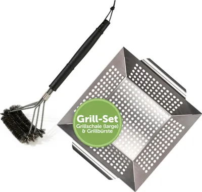 Produktbild von Blumtal Grillbürste Edelstahl & Grillschale (Large) Edelstahl Set - Grillreiniger Gasgrill Grillbürsten – Grillkorb 29,5 x 29,5 x 6 cm