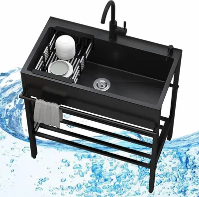 Produktbild von Freistehendes Edelstahl-Spülbecken mit Wasserhahn, Einzelbecken für Küche, Garage und Waschküche