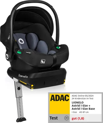 A black baby car seat with a base and an adjustment leg, placed on a white background. A yellow and white badge with text is visible in the lower right corner.