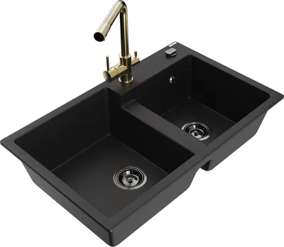 Produktbild von Mexen Tomas 2-Becken-Granitspüle mit Mischbatterie Duero, Schwarz - 6516-77-671600-50-B