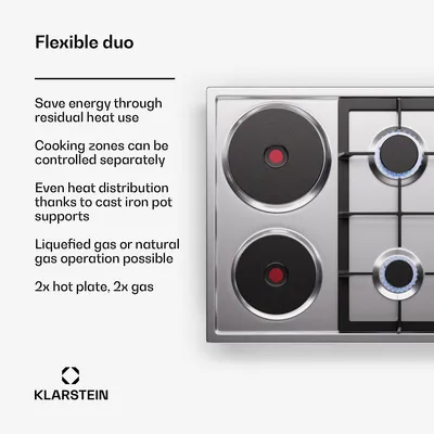 Obrázok produktu pre Klarstein Dual-Energy varná doska - Elektrická a plynová varná doska - Vhodná pre LPG a zemný plyn, robustný liatinový rošt, bezpečnostná poistka pri zlyhaní plameňa - dokonalá kombinácia plynovej varnej dosky (175 l)