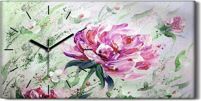 Produktbild von Wanduhr Bürouhr Leinwand Bild 60x30 Gemälde Blumen Pfingstrosen Floral - schwarze Hände