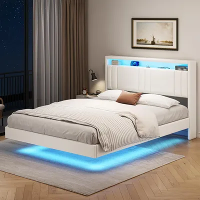 Image de KIMENICH Lit Cadre de lit 140x190cm, cadre de lit avec éclairage LED,Polyuréthaneblanc