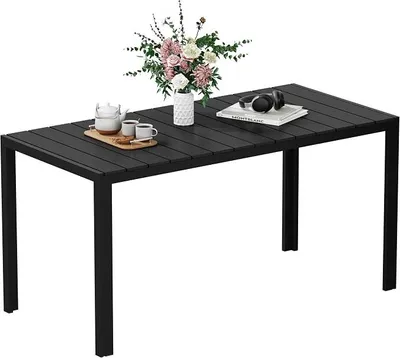 Obrázok produktu pre Záhradný stôl, odolný voči poveternostným vplyvom, 150 × 80 cm, balkónový stôl z WPC a hliníka, obdĺžnikový terasový stôl, odolný voči UV žiazeniu, záhradný nábytok pre záhradu a vonkajšie priestory, moderný jedálenský stôl, čierno-čierny