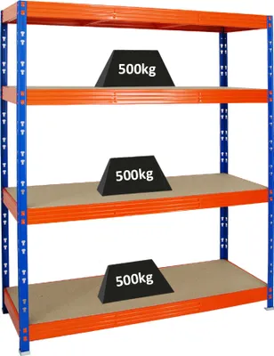 Produktbild von Profi Schwerlastregal RHINO | HxBxT 180x160x60cm | 4 Spanplatten-Ebenen 8mm | Fachlast 500kg | Blau/Orange