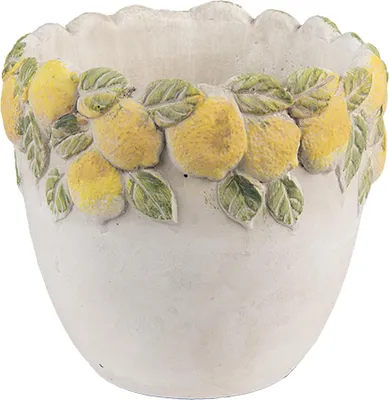 A white ceramic pot decorated with yellow lemons and green leaves.