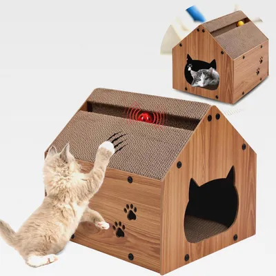 Produktbild von Katzenhaus mit Kratzbrett aus Pappe 40x35x34,5cm, Kratzbretter Katze mit Zwei Spielbällen mit Glöckchen, Kratzpappe für Katzen mit Kuschelhöhle, robust und langlebiges Katzen Kratzbrett
