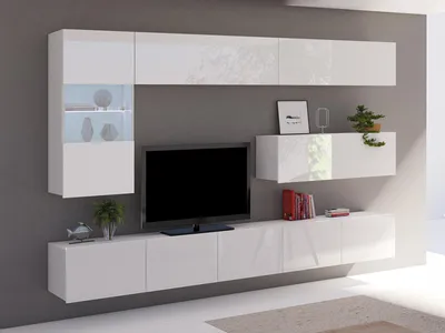 Produktbild von Wohnwand CALABRINI-4 Wohnzimmer-Set Hängewohnwand Schrankwand mit LED-Beleuchtung TV-Schrank Vitrine Moderne Anbauwand Hochglanz (Weiß)