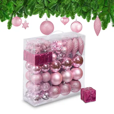 Weihnachtskugeln, 110-teilig, Kunststoff, Rosa, inkl. Aufbewahrungsbox
