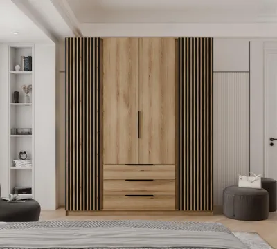 Produktbild von IDOHOME-Viertüriger Drehtürenschrank VERONA mit Lamellen und Schubladen Moderner stilvoller Loft-Kleiderschrank schwarze