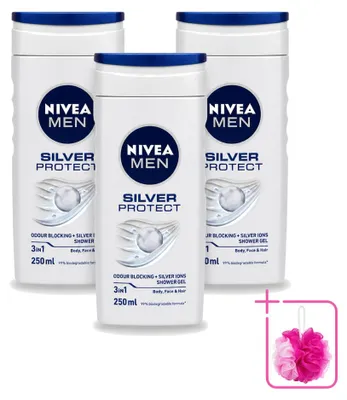 Immagine prodotto di 3 confezioni di gel doccia Nivea Men Silver Protect 3-in-1, 250 ml ciascuna - confezione risparmio, 3 pezzi
