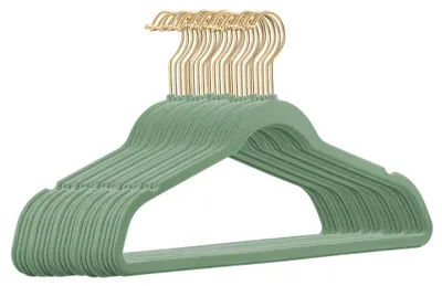 25 Samt-Kleiderbügel Salbeigrün mit Goldhaken, Anti-Rutsch