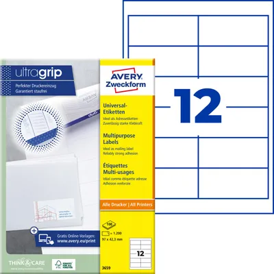 Produktbild von Avery Zweckform 3659, Universal-Etiketten, A4, Qualitätsdruck mit: ultragrip, 97 x 42,3 mm, 1.200 Etiketten / 100 Bögen, weiß