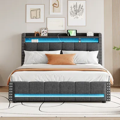 Produktbild von okwish Polsterbett Doppelbett 160 x 200 cm mit LED-Beleuchtung und USB-Steckdose, Hydraulisches Stauraumbett mit 4 Schubladen und Kopfteil Stauraum(Ohne Matratze)- Grau