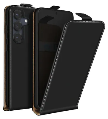 A black flip case for a smartphone is shown from the side and front.