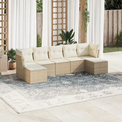 Produktbild von 7-tlg. Garten-Sofagarnitur - Gartenmöbel Lounge-Set mit Kissen Beige Poly Rattan,57,4 Kg