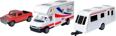 Produktbild von WOHNMOBIL mit WOHNWAGEN & PICK UP Truck mit Rückzug Spielzeug Set Camper Modell Auto Bus Geschenk 8